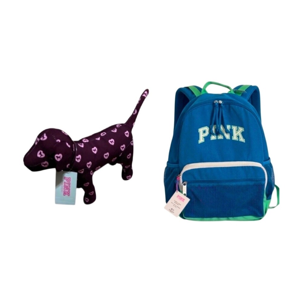 2pc VICTORIA'S SECRET PINK BACKPACK BLUE SCHOOL BAG LAPTOP + mini maroon dog NEW